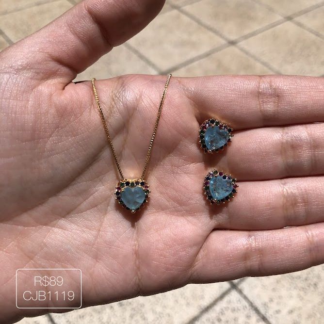 Conjunto Coração Fusion Azul Rainbow Dourado